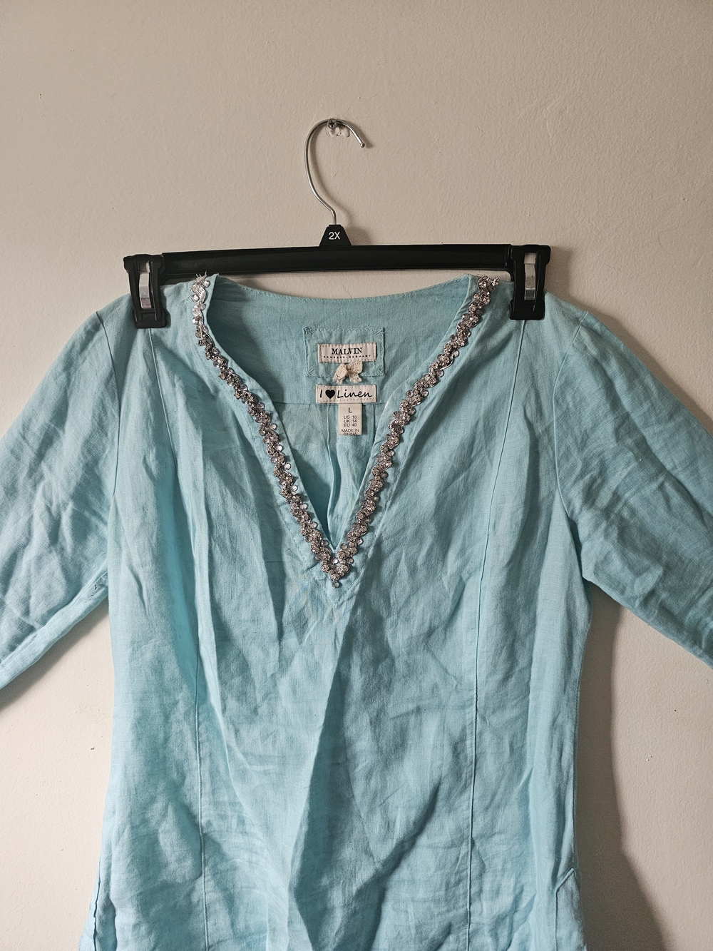 Malven Linen V-Neck Tunic in Light Blue with Embellished Trim